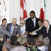 The Class of 2009 (left to right) -  Brian Mitchell, McIlvanney, Larry Merchant, Lennox Lewis, Orlando Canizales and Bobby Goodman proudly show their Hall of Fame rings. 