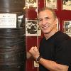 Mancini puts a fist up to the heavy bag he trained on at the famous Times Square Gym