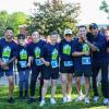 Boxing stars - including Dr. Flip Homansky, Dr. Margaret Goodman, Jorge Linares, Naoko Fujioka, Jackie Nava, Marco Antonio Barrera and Sugar Ray Leonard - before the 5K race though streets of Canastota.